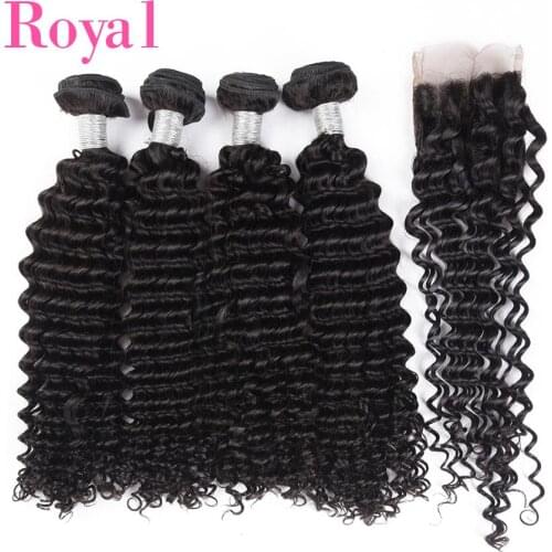 ROYAL Brazilian Hair Weave Bundles With Closure 4*4 Deep Wave Human Hair Bundles With Closure Remy Hair Extension Lace Closure