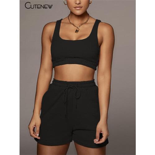 Cutenew Casual Soft Cotton Stretch Women Two Piece Suit Summer Simple Solid Streetwear Slim Comfortable Home Wear Top+Shorts Set