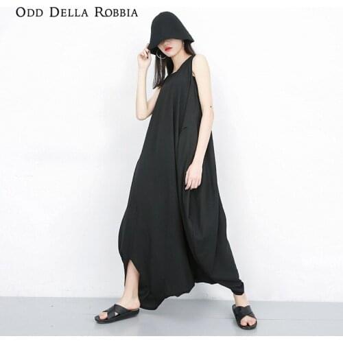 OddDellaRobbia Summer New Fashion Black Loose Large Size Jumpsuit O-Neck Sleeveless Zipper Casual All-In-One Clothing Women 8107