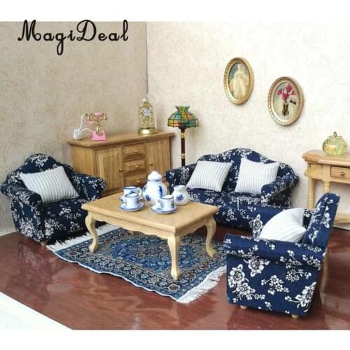 7 Pieces Wooden Floral Sofa Cushions Kit for 1/12 Scale Dolls House Miniature Furniture Decoration Kids Child Pretend Play Toys