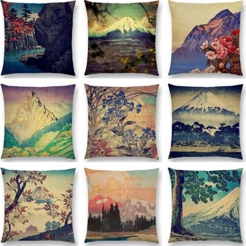 Japanese Landscape Painting Cushion Cover Four Seasons Nature Scenery Fuji Mountains Trees Rivers Sea Sofa Pillow Case 45x45cm