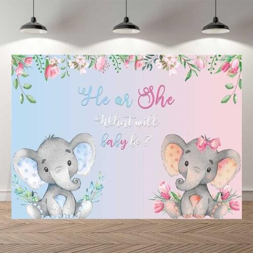 NeoBack Elephant He Or She Gender Reveal Backdrop Blue or Pink Flower Baby Shower Banner Boy or Girl Birthday Background Party