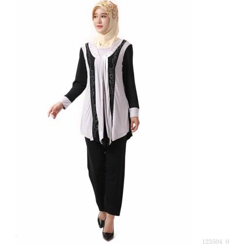 Summer New Style Long-sleeved Hot Drilling Suit Muslim Womens Two-piece Turkish Islamic Worship Service Abaya Womens Clothing