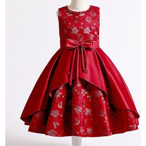 Satin Girls Bowknot Puff Sleeve Print Birthday Christmas Party Vest Dress Lolita Summer Chiffon Embroidered Princess Clothes