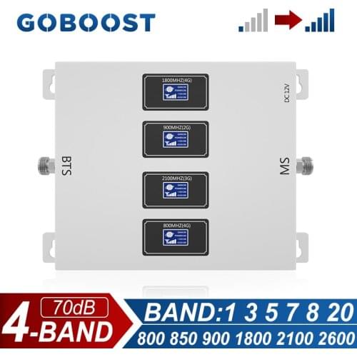 GOBOOST Gain 70dB Cellular Amplifier 2g 3g 4g GSM 900 850 LTE TDD 800 1800 2600 UMTS 2100 MHz Signal Booster Four Band Repeater