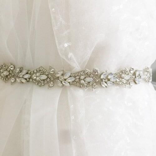 1 Yard Luxury Thin Opal Silver Embroidered Rhinestone Beaded Trim for Bridal Belt Wedding Dress Sash Trim