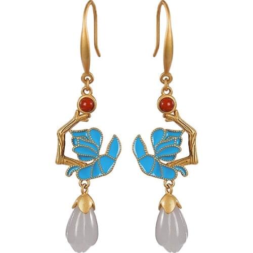 S925 sterling silver gold-plated cloisonne enamel Hetian smoke mauve jade earrings retro Magnolia earrings ear hook