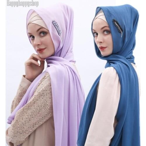 New Edge Beaded Leaves Chiffon Hijab Muslim Islamic Plain Head Scarves Wraps Shawls Arab Turban Hair Cover Amira Women Headwear