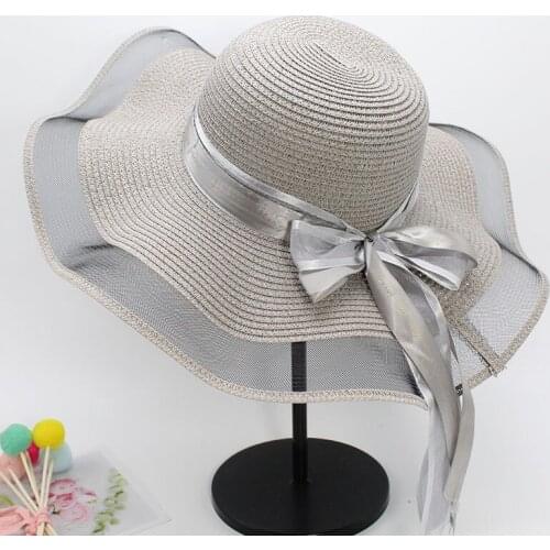 New Summer Female Sun Hat Bow Straw Cowboy Hat Visor Temperament Flat Straw Hat Womens Sea Beach Vacation Leisure Sunscreen Hat