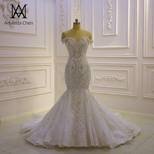 Off Shoulder Lace Appliqued Crystal Beads Mermaid Wedding Dress