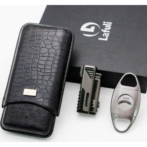 High Quality Cigar Travel Set Cigar Humidor Case Holder Box & 4 Torch Jet Flame Cigar Lighter W/Punch Cigar Cutter For COHIBA