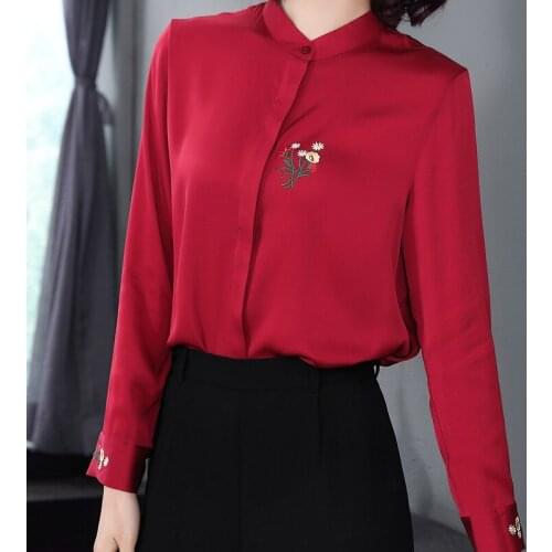 2019 Korean Office Lady Women Embroidery Mandarin Collar Wine Red Work Blouse Shirt , Womens 4xl Imitation Silk Blouses And Tops