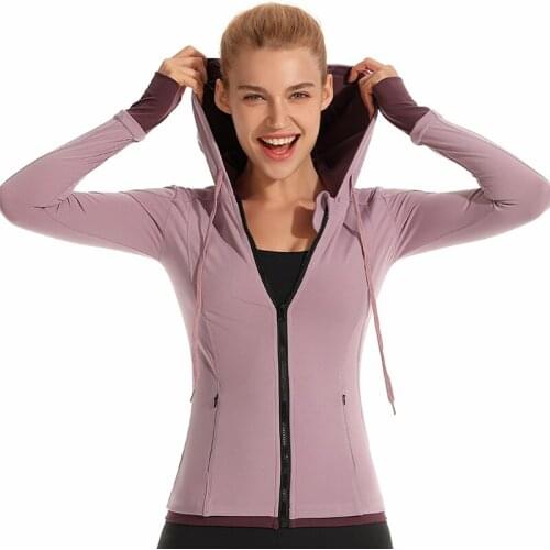 Women Sport Jacket With Pockets Hooded Zipper Long Sleeves outwear 8182 Flex Slim Daily Running Yoga Coat Top