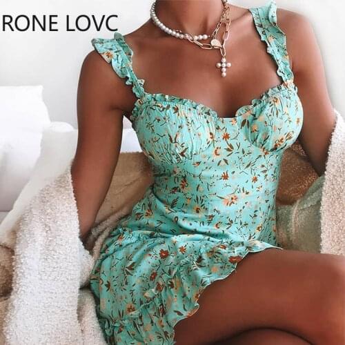Women Spaghetti Strap Floral Print Ruffle Trim Dress Mini Dress Bodycon Elegant Fashion Sexy Dress