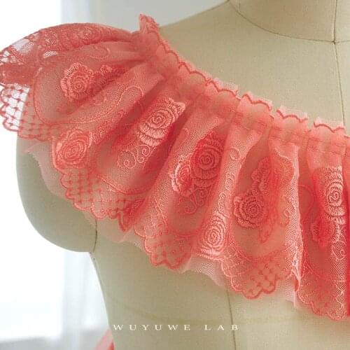 1m Carmine 3D Lace Trims Trimming Mesh Embroidered pleated DIY Skirt Sewing Sleeves Home Curtain Skirt Decoration 10CM