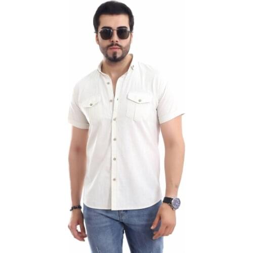 100 COTTON DOUBLE POCKET COVER DÜĞMELİ COLLAR SLYM FİT SHORT SLEEVE CREAM MEN 'S SHIRT