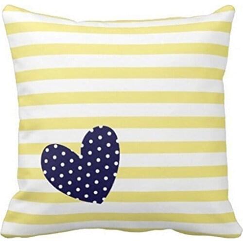 18" x 18" Yellow White Stripes Navy Blue Polka Dot Heart Decorative Throw Pillow Case Cushion Cover