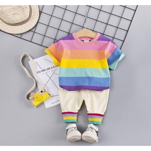 2 pcs pieces girls clothing summer boys clothes Childrens Summer Suit for Boys kids tracksuit rainbow T shirt+ long pants 1-6T