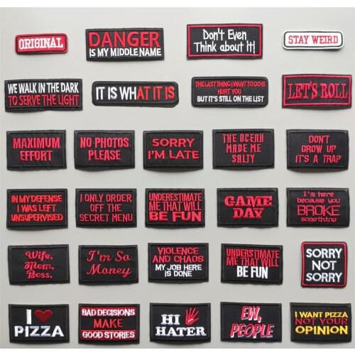 27 Styles) Red Letters Patches for Clothes DIY Stripes Iron on Appliques Clothing Stickers Embroidery Words Badges for Backpack