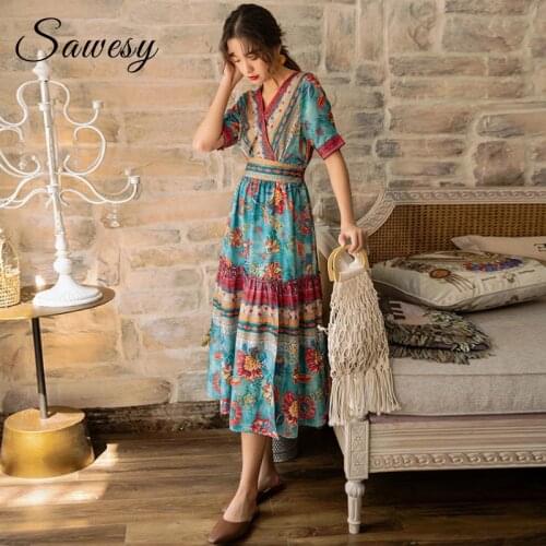 Bohemian Vintage Print Casual Holiday Dresses Women Summer Short Sleeve Floral Midi Dress Blue