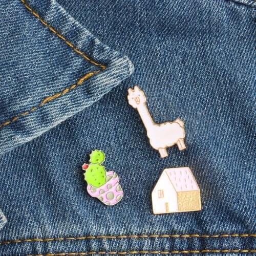 Animal Plant Brooches Alpaca Potted Cactus Enamel Pins Cartoon Cute Accessories Metal Jewelry Lapel Jackets Badges Custom Gift