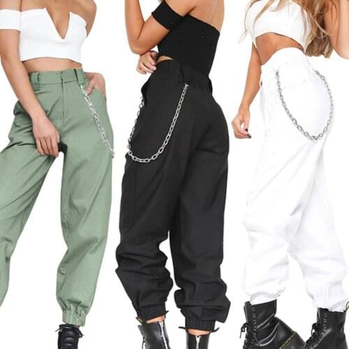 Trousers Women Solid Color Loose Elastic Pocket Cargo Pants Harem Trousers with Chain Loose Pants Hip Pop Trousers Streetwear