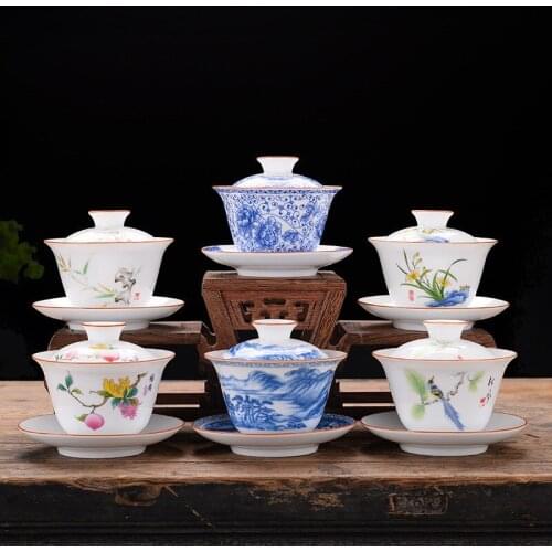 Jingdezhen Handmade Porcelain Gaiwan Exquisite Ceramic Tea Bowl with Saucer Lid Set Master Cup Tea Tureen Teaware Drinkware