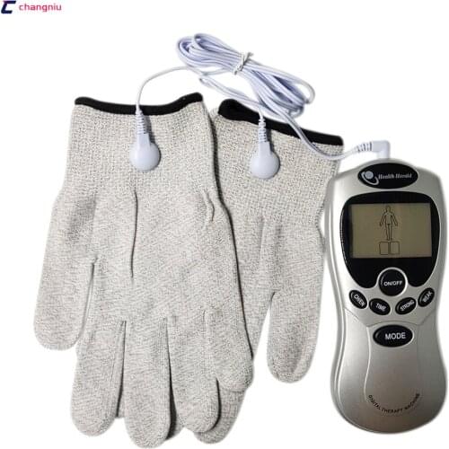 Whole English keys Care Electric Tens Acupuncture Full Body Digital Therapy Massager +Silver conductive fiber Massage gloves