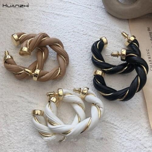 HUANZHI 2021 New Colorful Metal Twisted Knit Leather Stitching Geometric C-Shaped Hoop Earrings for Women Girls Party Jewelry