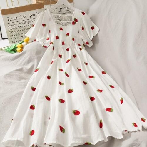 Strawberry Dress Women Cherry Kawaii Fruit Embroidery Puff Sleeve Party Dresses Vintage Square Neck Elegant Womens Beach Dress
