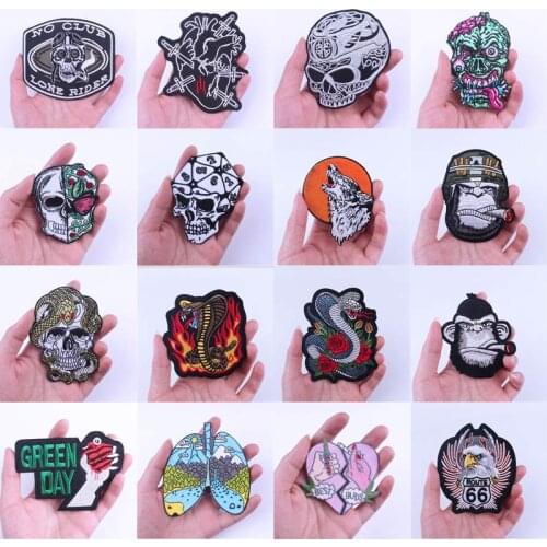 Skull Patch Biker Embroidered Patches For Clothing Hippir Rock Iron On Patches Jacket Coat Accessories DIY Fabric Stripe Cloth