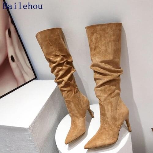 2021 NEW Sexy Party Boots Fashion Suede Leather Shoes Women Pumps Knee-High Heels Boots Stretch Flock Winter Pointed Toe Boot