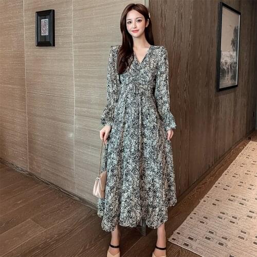 New arrival fashion korean style beach dress women elegant autumn long sleeve temperament office lady black print a-line dress