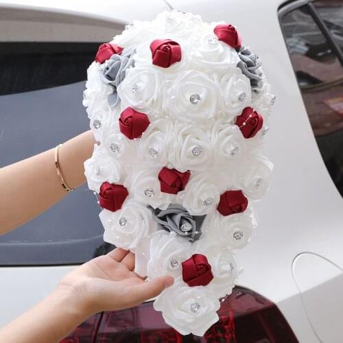 New Waterfall Wedding Bridal Bouquet Wine Red Exquisite Diamond Rose Bud DIY Bridesmaid Bouquet Church Decoration W320