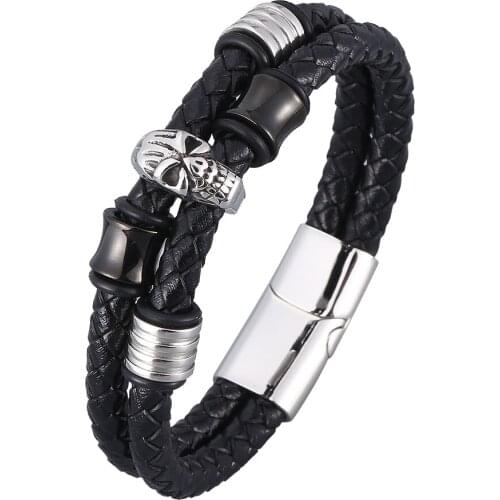 Punk Men Skull Braid Bracelet Multilayer Leather Bangle Stainless Steel Magnetic Clasp Male Jewelry Handmade Bracelets BB0952