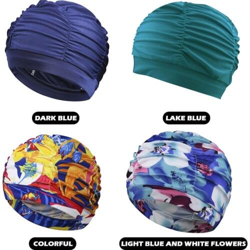 Pleated Swim Cap Long Hair Stretch Elastic Nylon Swimming Bathing Cap for Women Ladies Outdoor Pool Accessories