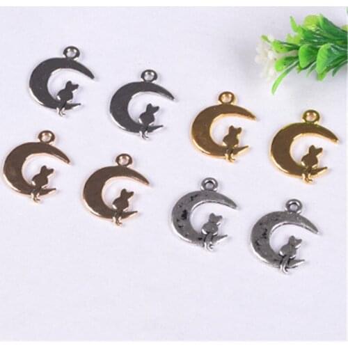 60Pcs/lot White K Cute Cat and Crescent Moon Charms 18*23MM Little Animal Charms for Jewelry Making