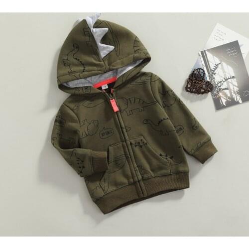 Infant Baby Boys Casual Loose Style Coat, Dark Green Dinosaur Printed Pattern Hooded Jacket, 6 Months-3 Years 2021 New Fashion