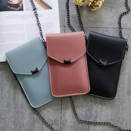 Cat Ear Transparent Touch Screen Women PU Simple Mobile Phone Bag Messenger Flap Bag Crossbody Chain Purse Wallet Shoulder Bags