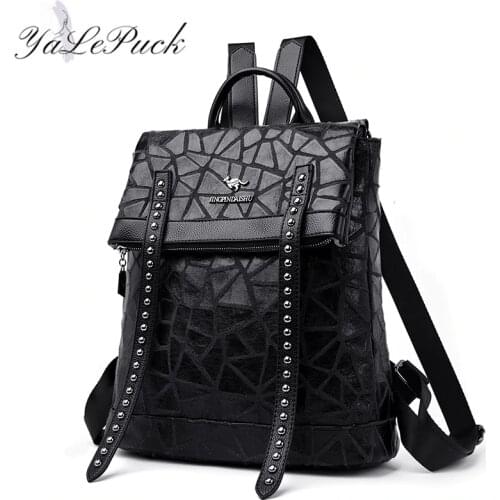 Stone pattern backpack women leather backpack school bags for teenage girls waterproof high capacity travel Rivet belt backpacks