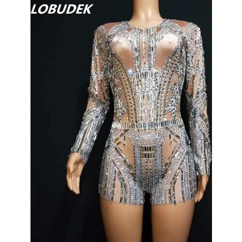 Long Sleeve Silver Rhinestones Skinny Bodysuit Elastic Crystal Jumpsuit Female Singer Birthday Party Stage Outfit Nightclub Wear