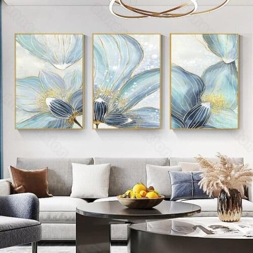Nordic Style Abstract Flowers Picture with Blue White Golden Lines Canvas Painting Poster Print for Home Rooms Gallery Decoratio