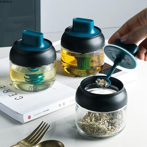 Glass Storage Jars Pepper Seasoning Bottles Oil Honey Pot Spices Can With Spoon Brush Sauce Container Salt Tank Kitchen Supplies