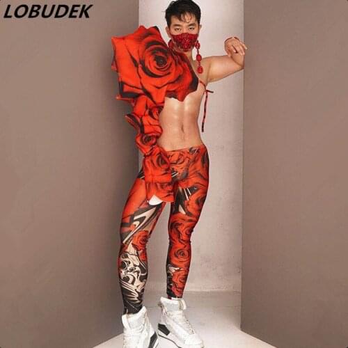 Bar Club Party Show Performance Costume Men Female Dance Team Sexy Stage Wear Red Rose Sleeve Shoulder Leggings Nightclub Outfit