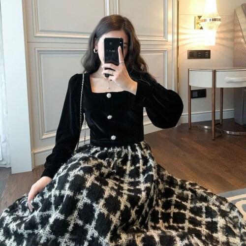 Spring French Vintage Literary Girl Golden Velvet Patchwork Dress Hepburn Style Elegant Woman Puff Sleeve Plaid Slim Midi Dress