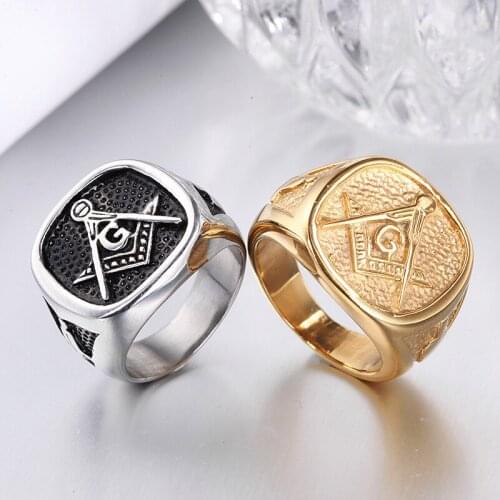 Vintage Freemason Ring Men Gold Silver Color Stainless Steel Masonic AG Signet Ring Male Big Free Mason Freemasonry Jewelry