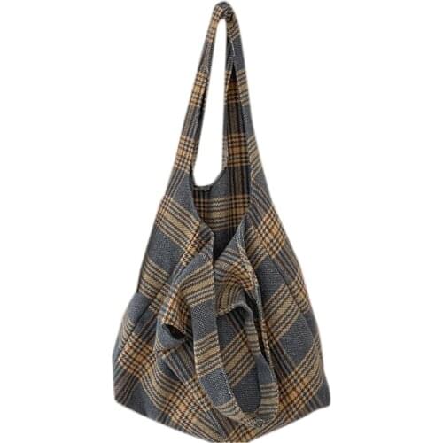 Women Shoulder Tote Bag Canvas Plaid Handbags Large Capacity Soft Shopping Bags Girls Cute Tote Shoulder Bag