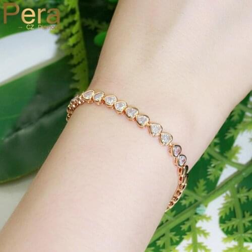 Pera Sweet Love Heart Shape CZ Zircon Yellow Gold Chain Link Hand Bracelets for Ladies Trendy Female Wedding Jewelry Gift B192