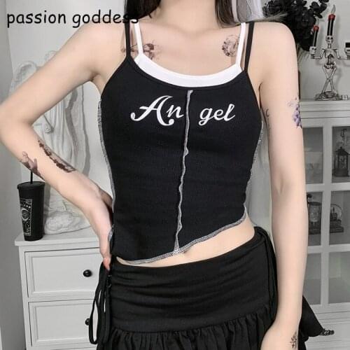 Summer 2021 Women Dark Irregular Angel Letter Print Sexy Camis Top Gothic Women Clothing Harajuku Crop Tops Sexy Sleeveless Vest