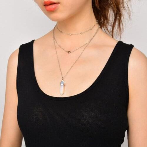 Heart Necklace Women Multilayer Chain Choker Prismatic Spar Pendant Necklaces Womens Jewelry Accessories Collares Kpop